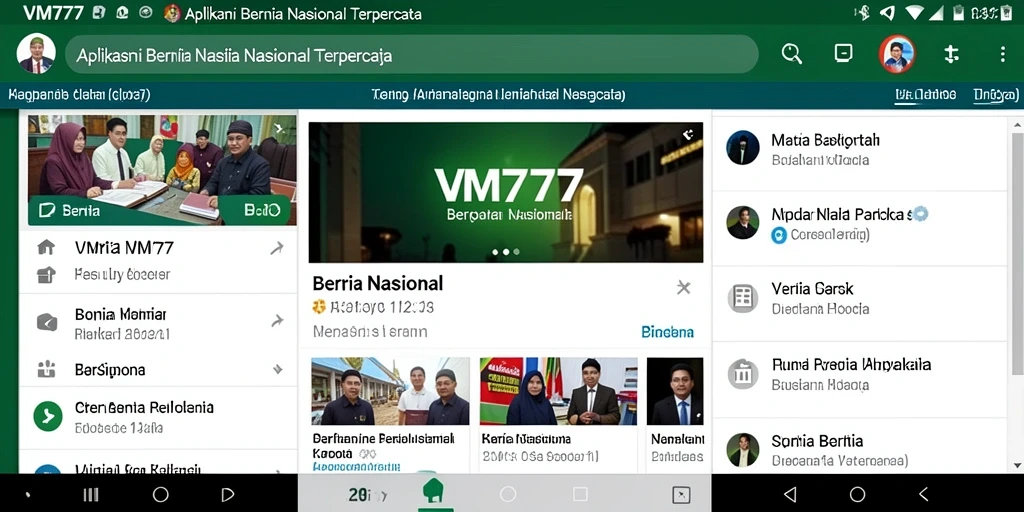 Tampilan antarmuka pengguna aplikasi VM777 dengan berita nasional terkini.